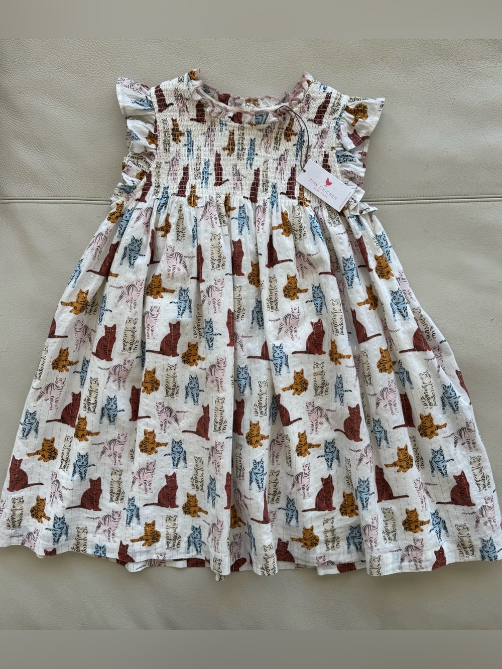 NWT PINK CHICKEN Girls Stevie Tabby Cats Smocked Yoke & Metallic Details Size 6